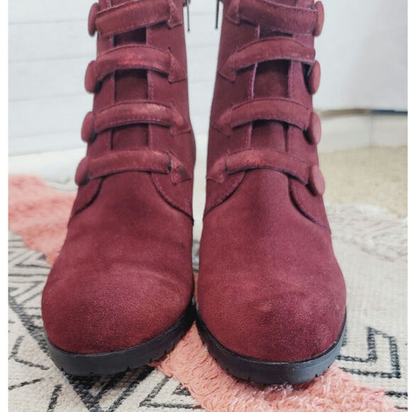 SUNDANCE BUTTONED UP CRANBERRY SUEDE BOOTIES, SZ 7/7.5 US-38/EU - Picture 4 of 16